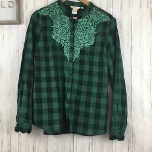 Sundance Catalog Cassidy Buffalo Plaid and Lace Button Down Shirt Sz L